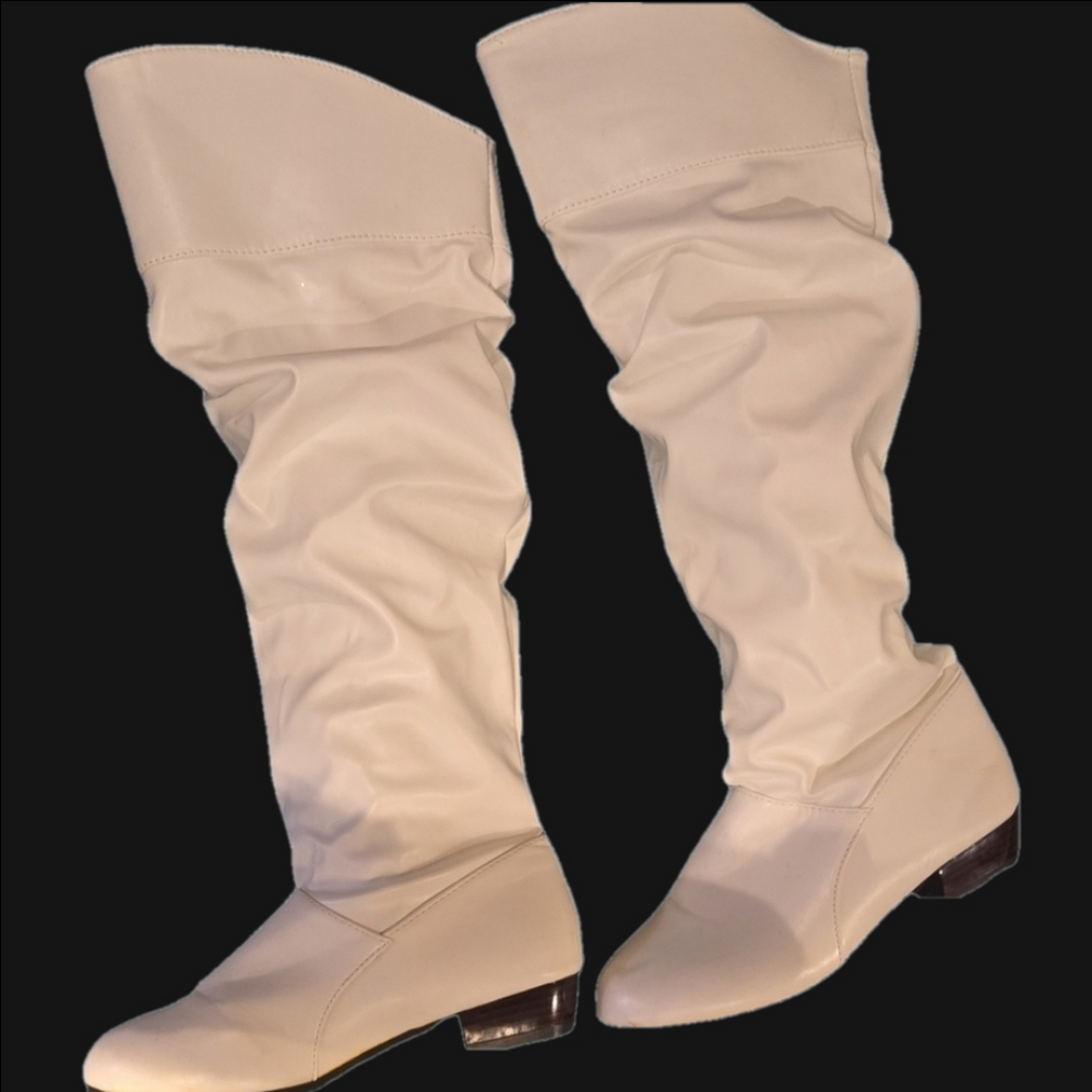 White faux leather Over the Knee Boots with Slouchy Design